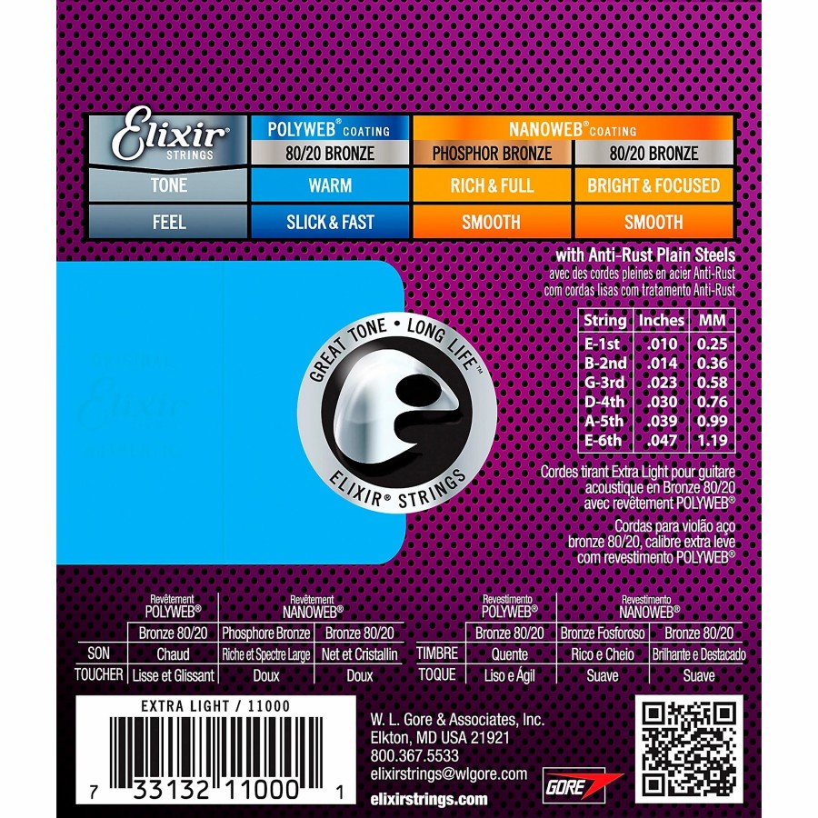 Guitars Elixir Guitar Strings | Elixir 80/20 Bronze Acoustic Guitar Strings With Polyweb Coating, Extra Light (.010-.047)