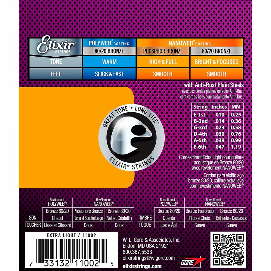 Guitars Elixir Guitar Strings | Elixir 80/20 Bronze Acoustic Guitar Strings With Nanoweb Coating, Extra Light (.010-.047)