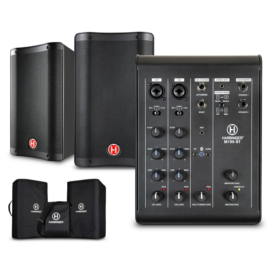 Live Sound Harbinger | Harbinger M100-Bt Portable Pa With Bluetooth And Custom Carry Bags 8" Mains