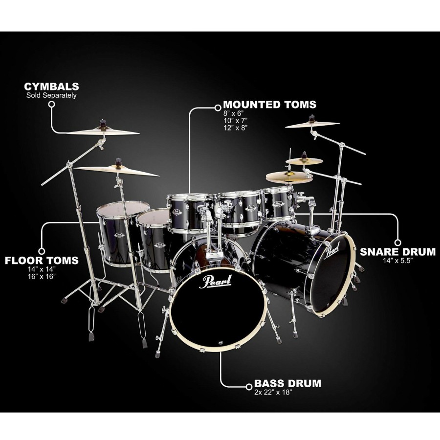 Drums Pearl Drum Sets | Pearl Export Double Bass 8-Piece Drum Set Jet Black