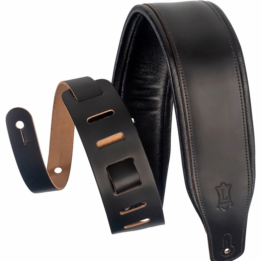 Basses Levy's Fretted Instrument Accessories & Parts | Levy'S M26Pd 3" Wide Top Grain Leather Guitar Strap Black