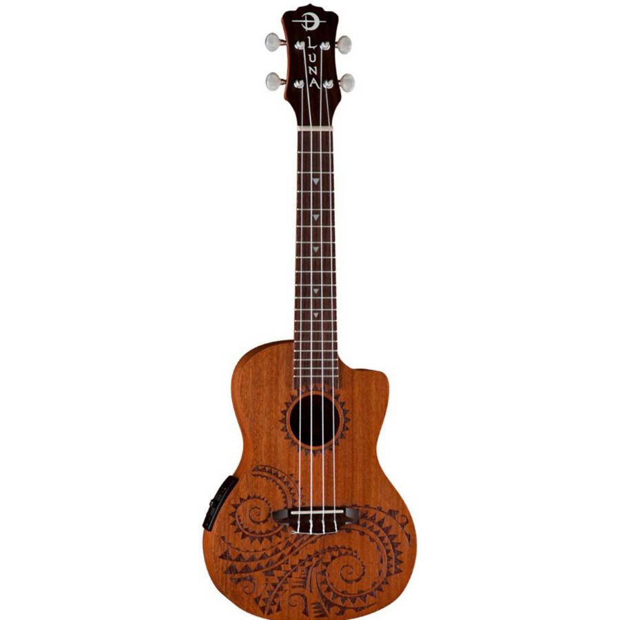 Guitars Luna | Luna Tattoo Mahogany Concert Acoustic-Electric Ukulele Mahogany With Tattoo Laser Etching And Satin Finish