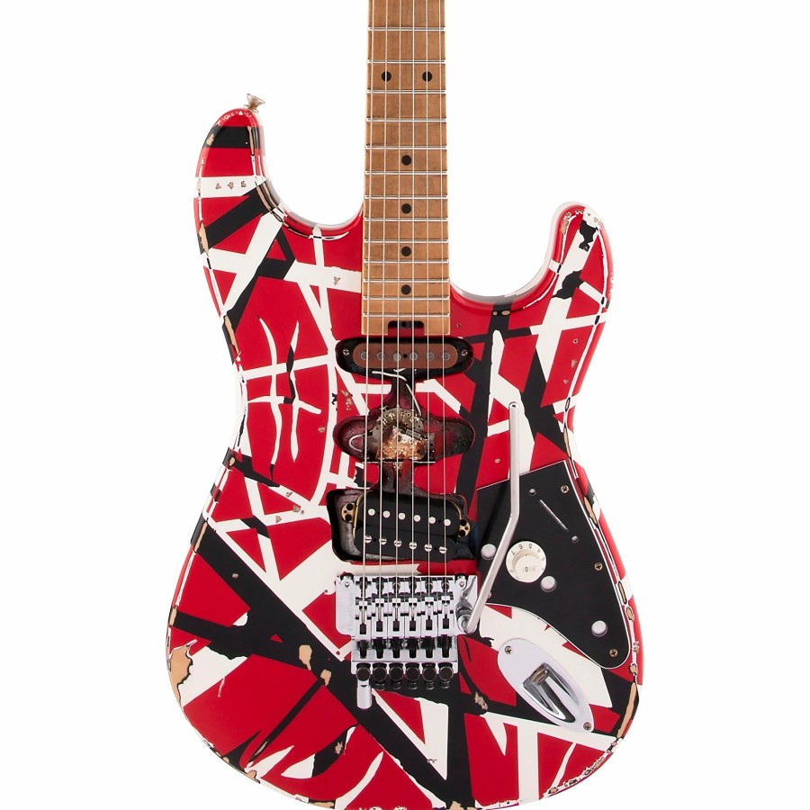 Guitars EVH Solid Body | Evh Striped Series Frankie Electric Guitar Red With Black And White Stripes Relic