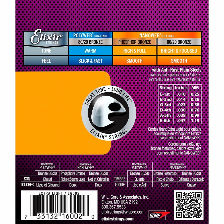 Guitars Elixir Guitar Strings | Elixir Phosphor Bronze Acoustic Guitar Strings With Nanoweb Coating, Extra Light (.010-.047)