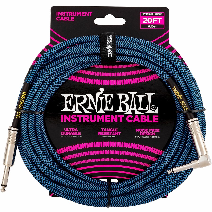 Guitars Ernie Ball Instrument Cables | Ernie Ball 20' Braided Straight Angle Instrument Cable 20 Ft. Black/Blue