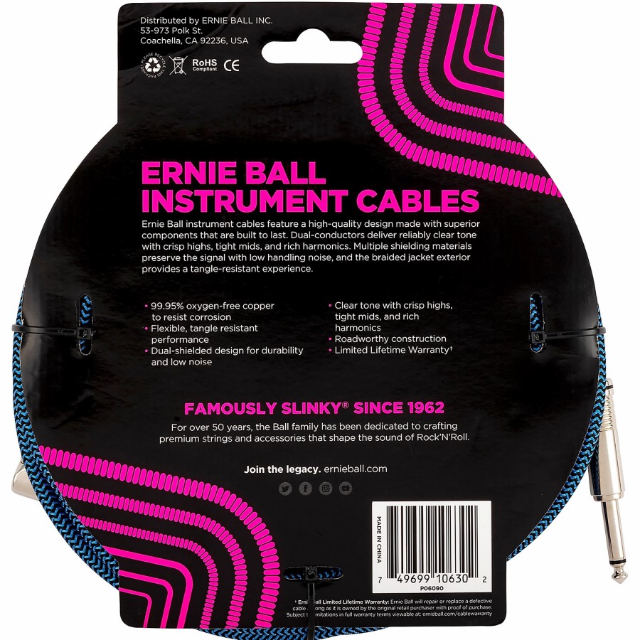 Guitars Ernie Ball Instrument Cables | Ernie Ball 20' Braided Straight Angle Instrument Cable 20 Ft. Black/Blue