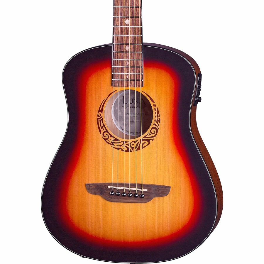 Guitars Luna Left Handed | Luna Safari Tribal Travel Acoustic-Electric Left-Handed Guitar Tobacco Sunburst