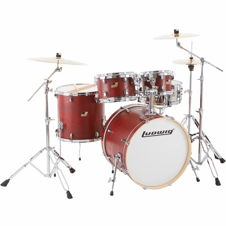 Drums Ludwig Drum Sets | Ludwig Backbeat Elite 5-Piece Complete Drum Set With 22" Bass Drum, Hardware And Cymbals Ruby Grain