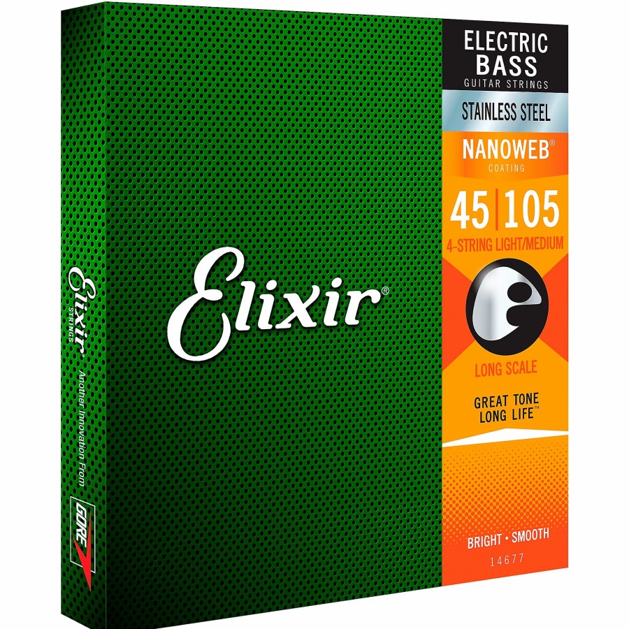 Basses Elixir Bass Guitar Strings | Elixir Stainless Steel 4-String Bass Strings With Nanoweb Coating, Long Scale, Light/Medium (.045-.105)