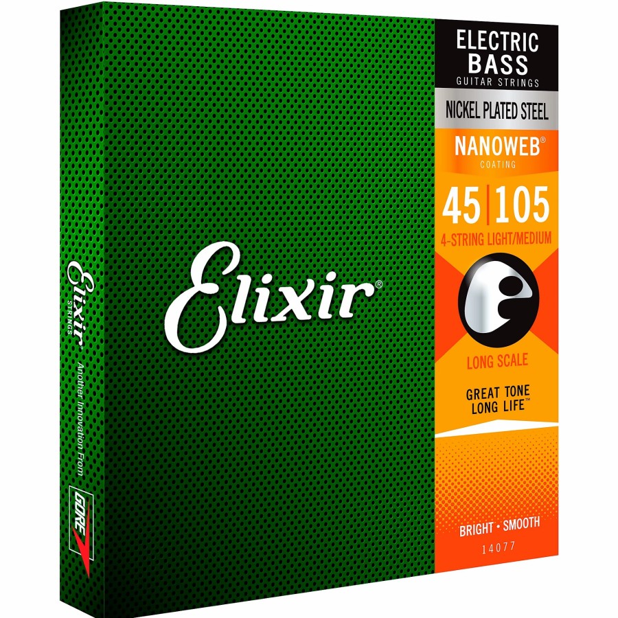 Basses Elixir Bass Guitar Strings | Elixir Nickel-Plated Steel 4-String Bass Strings With Nanoweb Coating, Long Scale, Light (.045-.105)