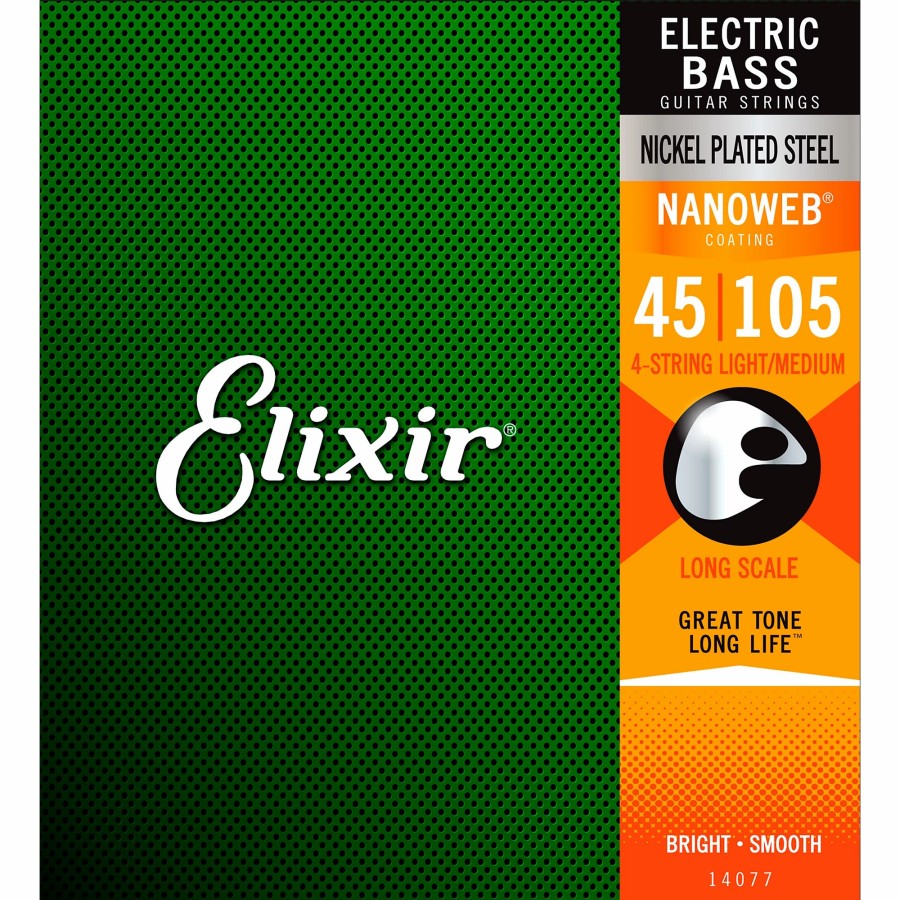 Basses Elixir Bass Guitar Strings | Elixir Nickel-Plated Steel 4-String Bass Strings With Nanoweb Coating, Long Scale, Light (.045-.105)