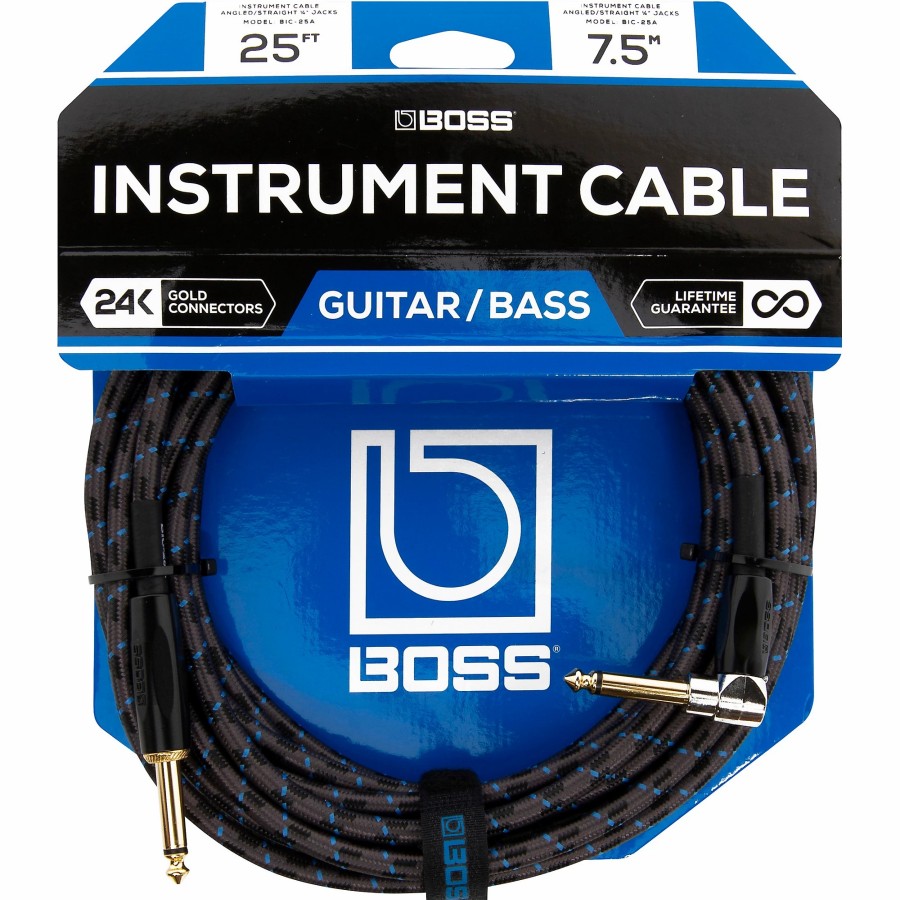 Guitars BOSS Instrument Cables | Boss Bic-25A 7.5 M Instrument Cable, Angled/Straight 1/4" Jack 25 Ft. Black