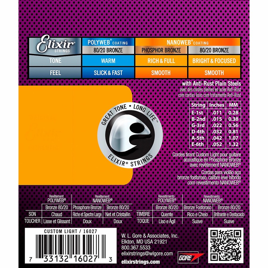 Guitars Elixir Guitar Strings | Elixir Phosphor Bronze Acoustic Guitar Strings With Nanoweb Coating, Custom Light (.011-.052)