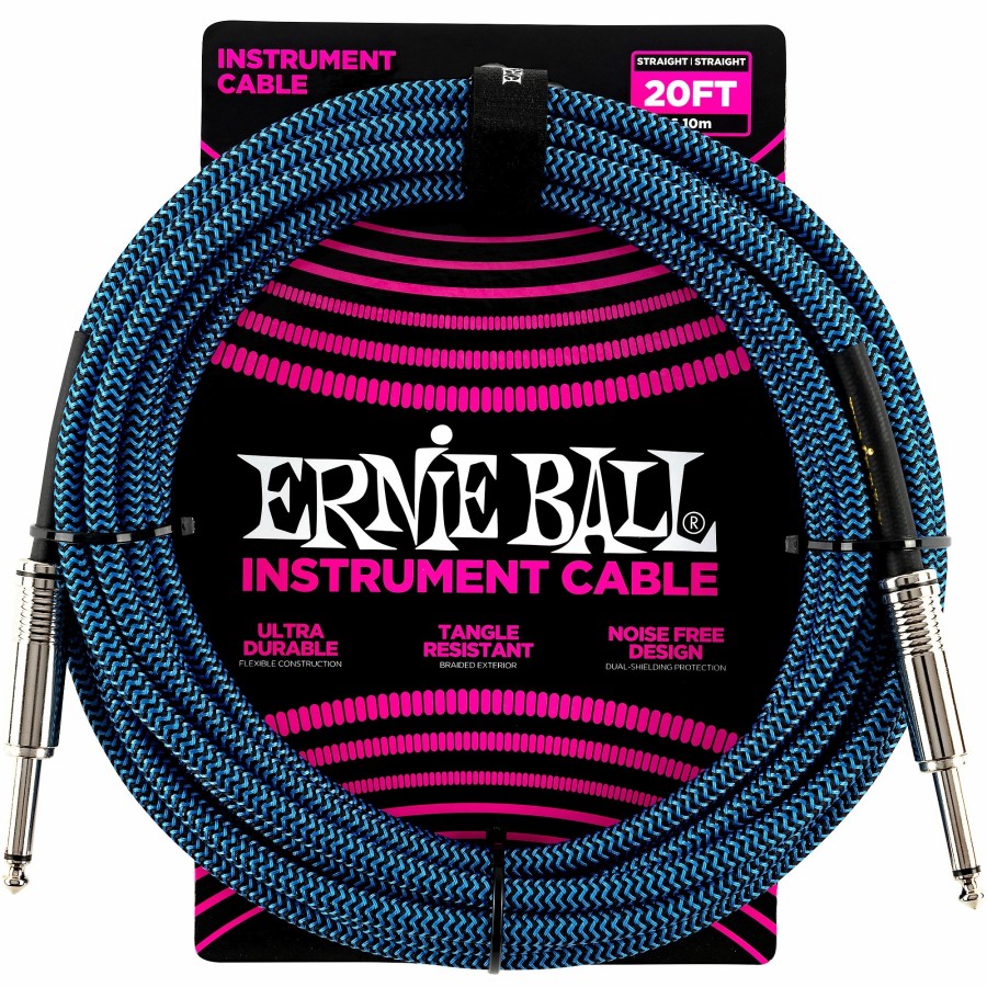 Guitars Ernie Ball Instrument Cables | Ernie Ball Woven Straight/Straight Nickel-Plated 1/4" Instrument Cable 20 Ft. Black/Blue