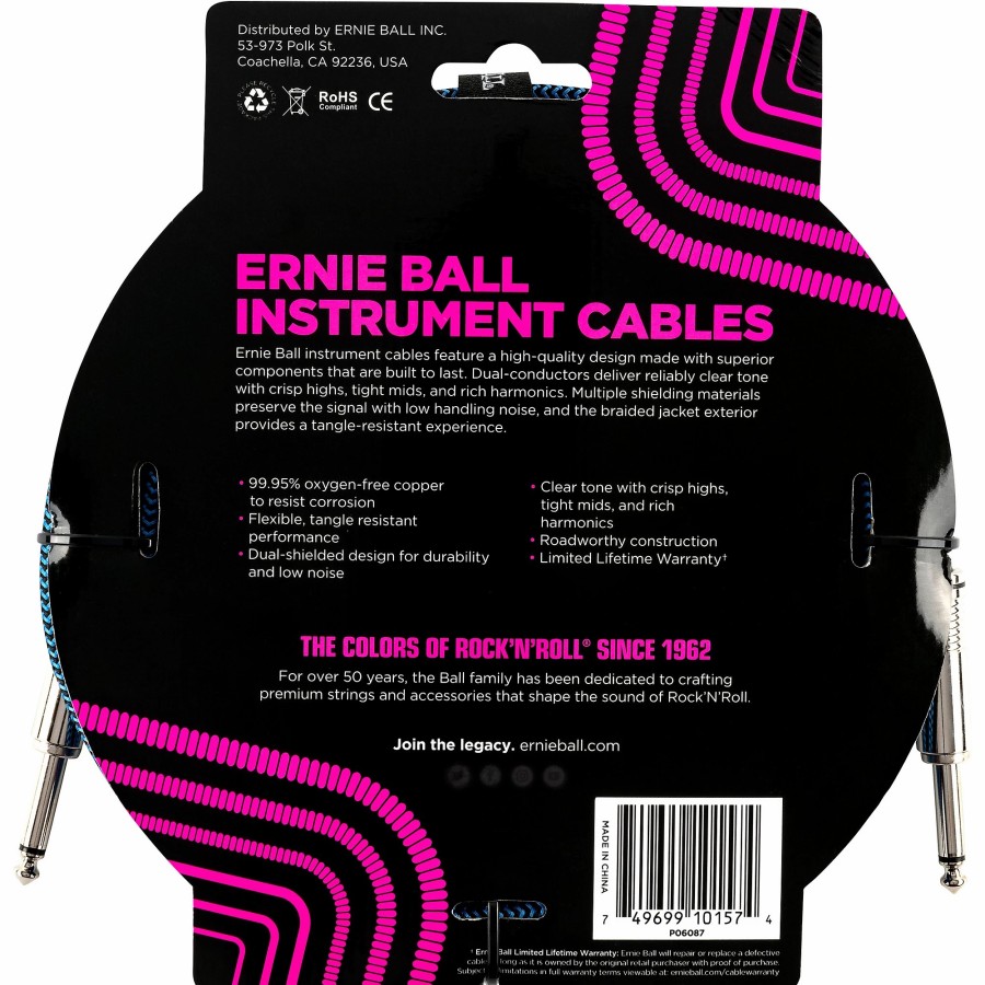 Guitars Ernie Ball Instrument Cables | Ernie Ball Woven Straight/Straight Nickel-Plated 1/4" Instrument Cable 20 Ft. Black/Blue