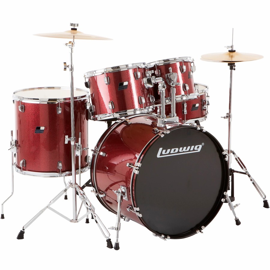 Drums Ludwig Drum Sets | Ludwig Backbeat Complete 5-Piece Drum Set With Hardware And Cymbals Wine Red Sparkle