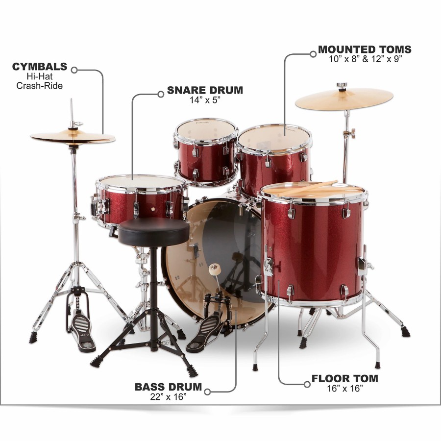 Drums Ludwig Drum Sets | Ludwig Backbeat Complete 5-Piece Drum Set With Hardware And Cymbals Wine Red Sparkle