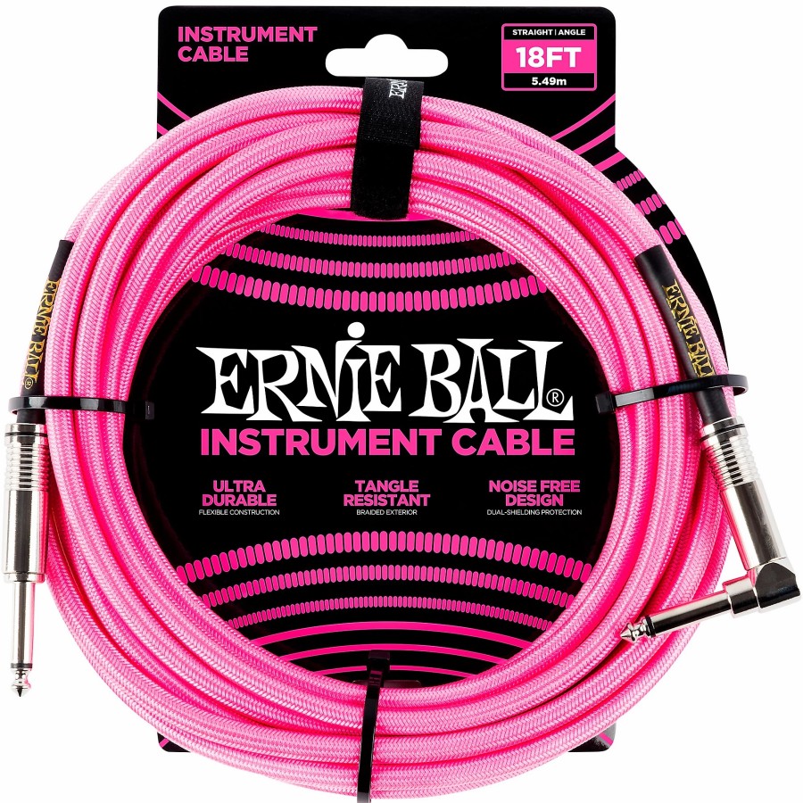 Guitars Ernie Ball Instrument Cables | Ernie Ball 18' Straight To Angle Braided Instrument Cable Neon Pink