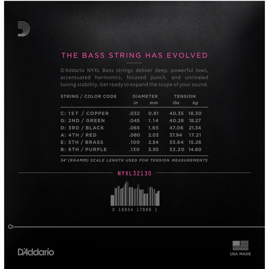 Basses D'Addario Bass Guitar Strings | D'Addario Nyxl32130 Gauge 6-String Long Scale Electric Bass Strings