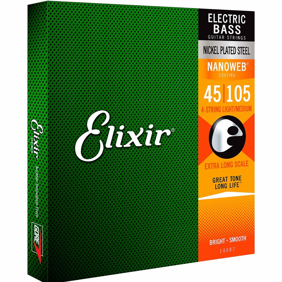 Basses Elixir Bass Guitar Strings | Elixir Nickel-Plated Steel 4-String Bass Strings With Nanoweb Coating, Extra Long Scale, Light/Medium (.045-.105)