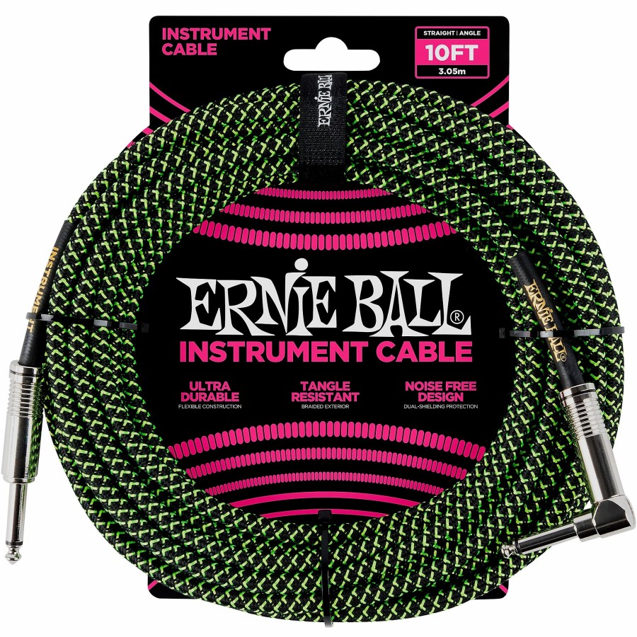 Guitars Ernie Ball Instrument Cables | Ernie Ball 10' Straight To Angle Braided Instrument Cable Black And Green