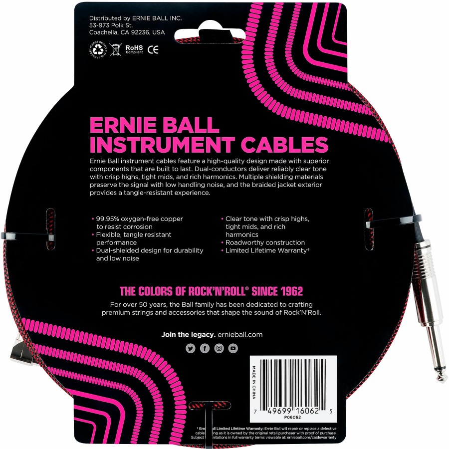 Guitars Ernie Ball Instrument Cables | Ernie Ball 25 Ft Straight To Angle Instrument Cable Red/Black